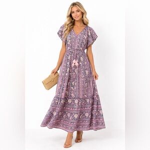 Omika Floral Block Print Maxi Dress | Tassel Tie Waist | Size Small